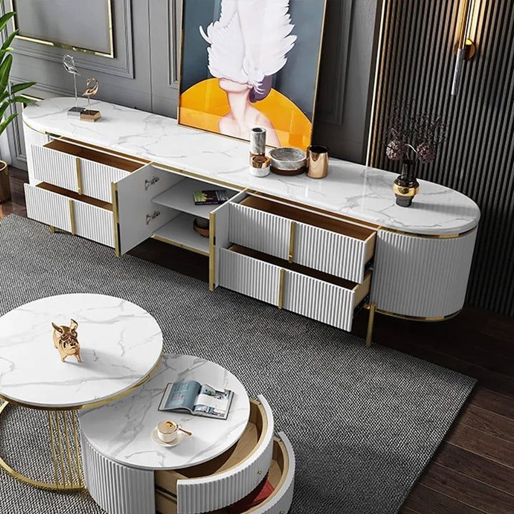Designer white tv stand with gold legs and handles and marble top for modern living room