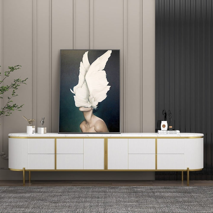 Premium white rustic TV stand with golden legs and handles, featuring a faux marble top, with storage drawers and doors. 