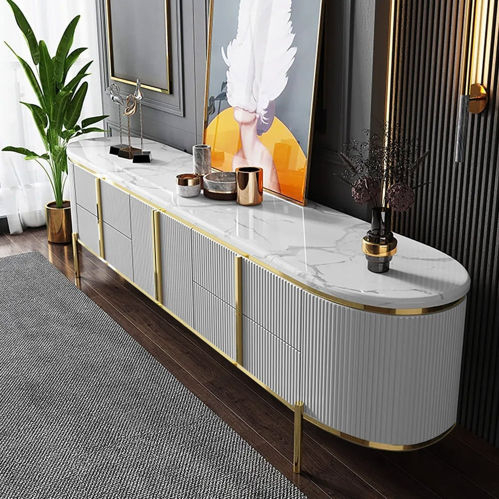 Premium white tv stand in high-gloss pu finish with gold legs and handles for living room