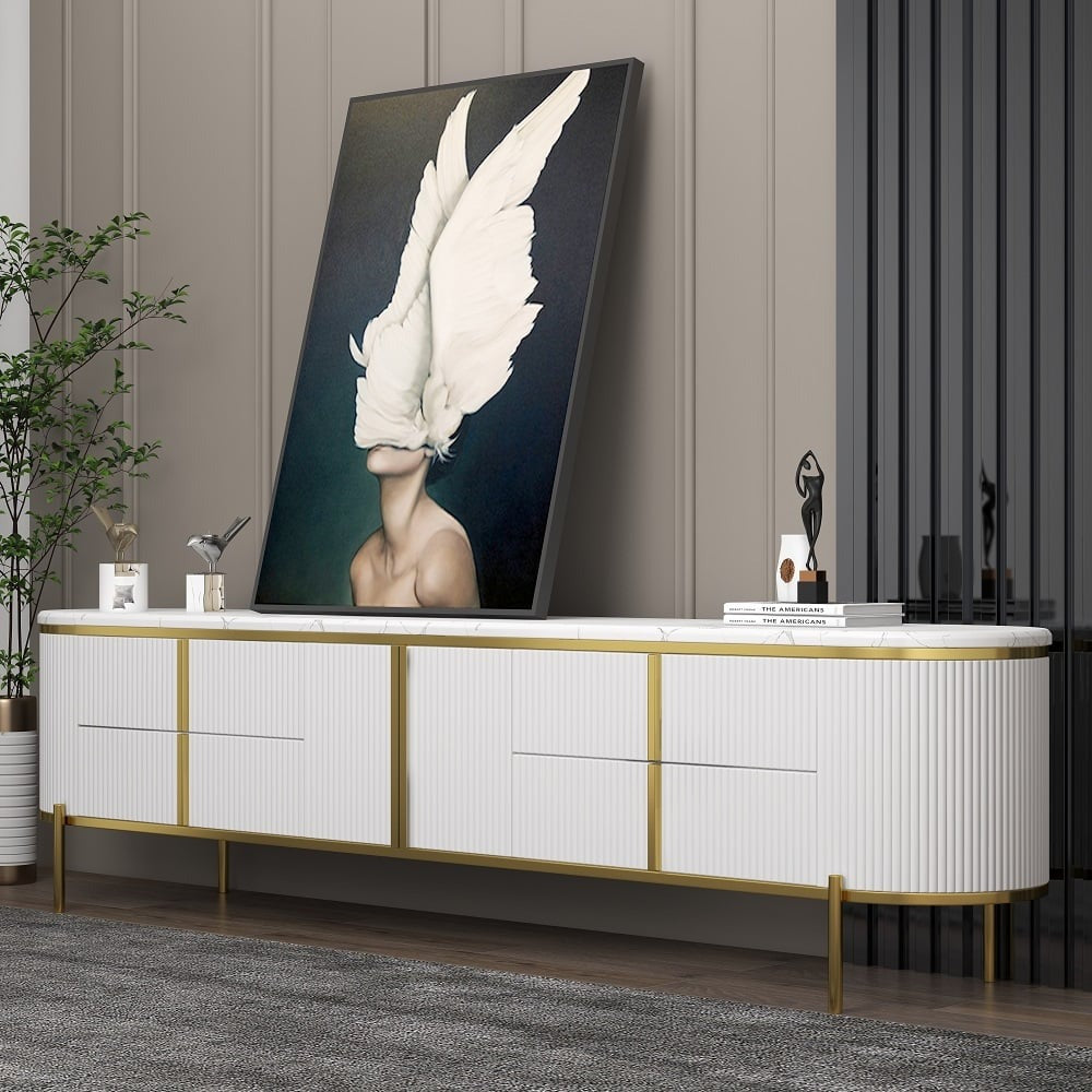 Modern high-gloss white pu finish tv stand in a modern living