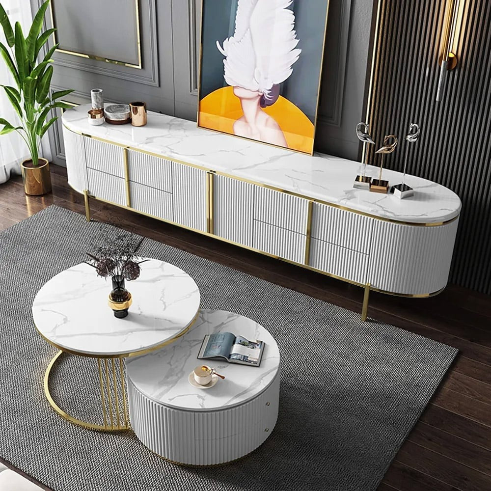 Marble-top tv stand with high-gloss white pu finish with nesting center table