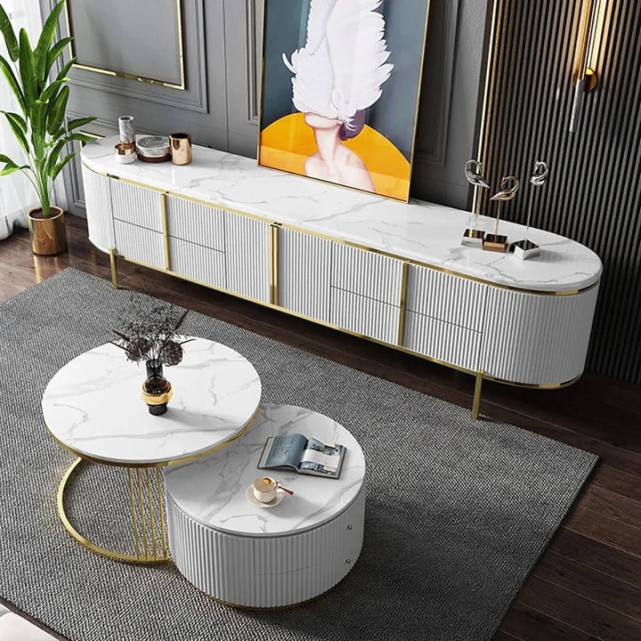 Marble-top tv stand with high-gloss white pu finish with nesting center table