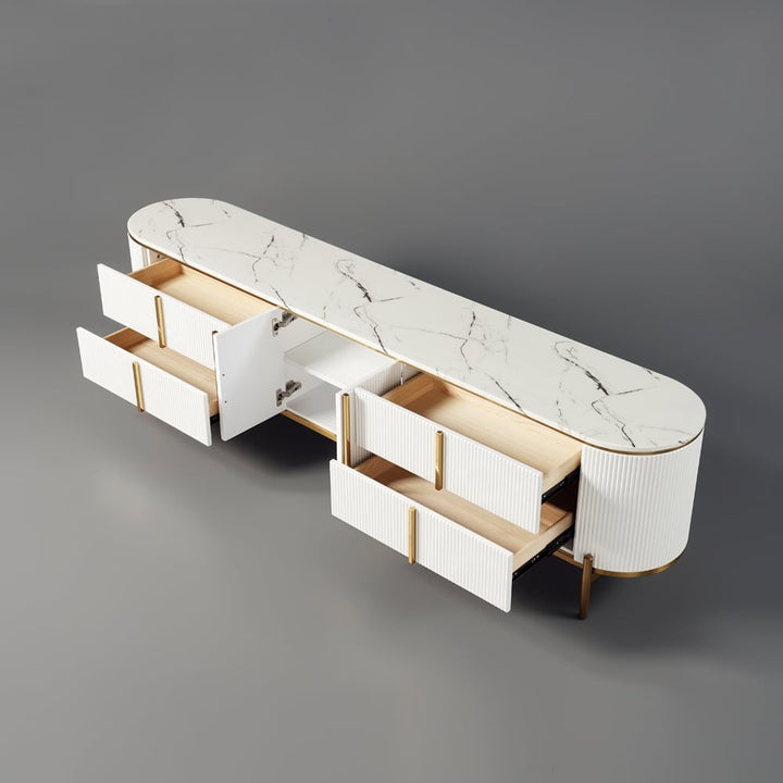 modern marble-top white tv stand with open 4 drawers and 2 doors to show storage space 