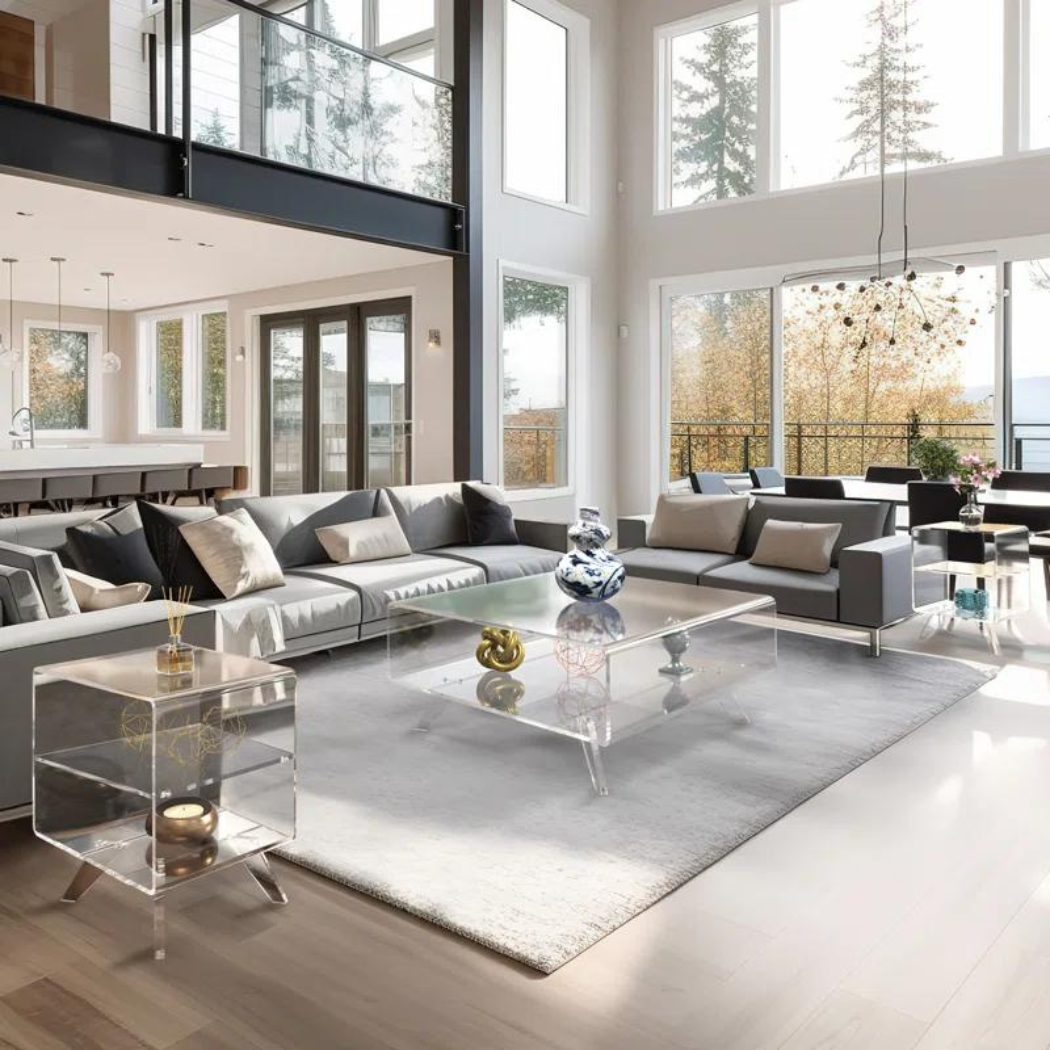 Stylish transparent coffee table with sofa set in modern minimalist living room