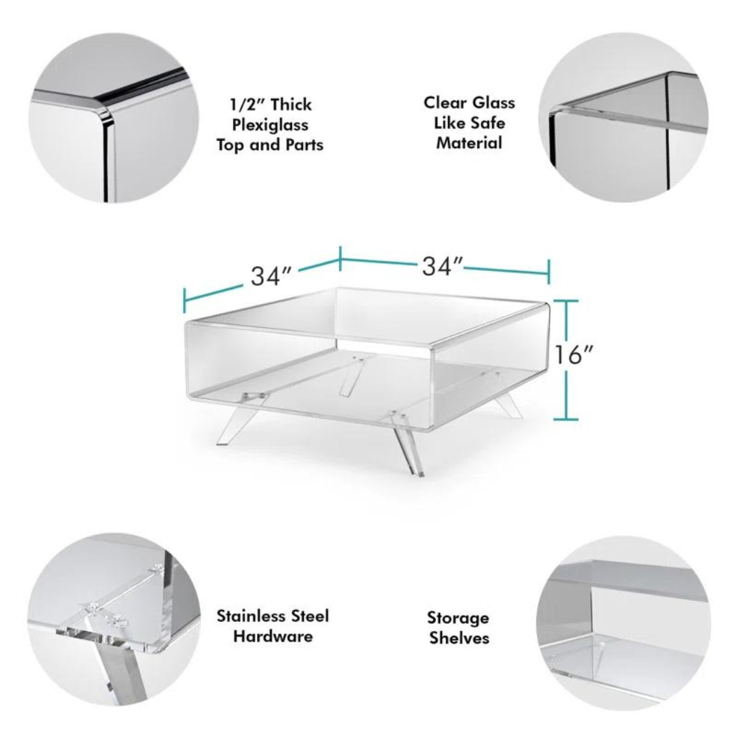 Clear acrylic center table with storage shelves, stainless steel hardware and thick plexiglass top and parts