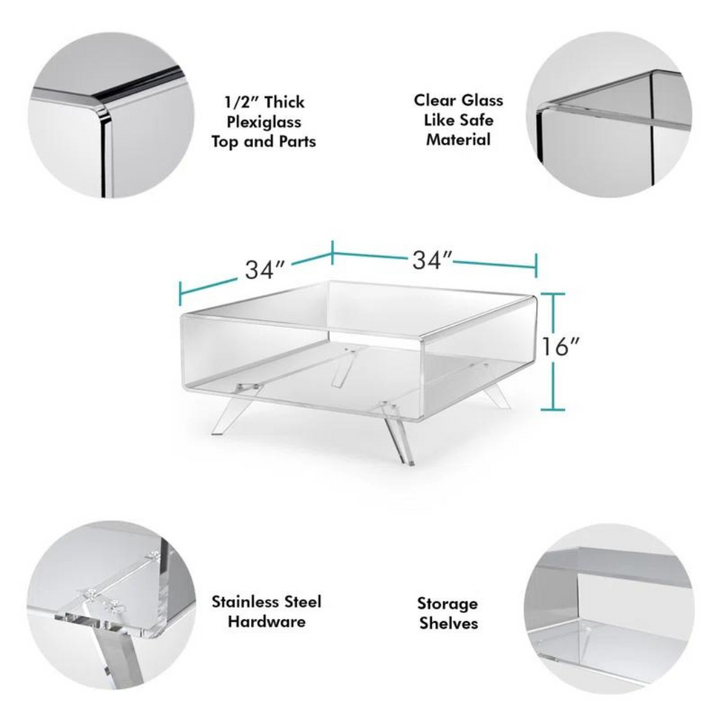Clear acrylic center table with storage shelves, stainless steel hardware and thick plexiglass top and parts