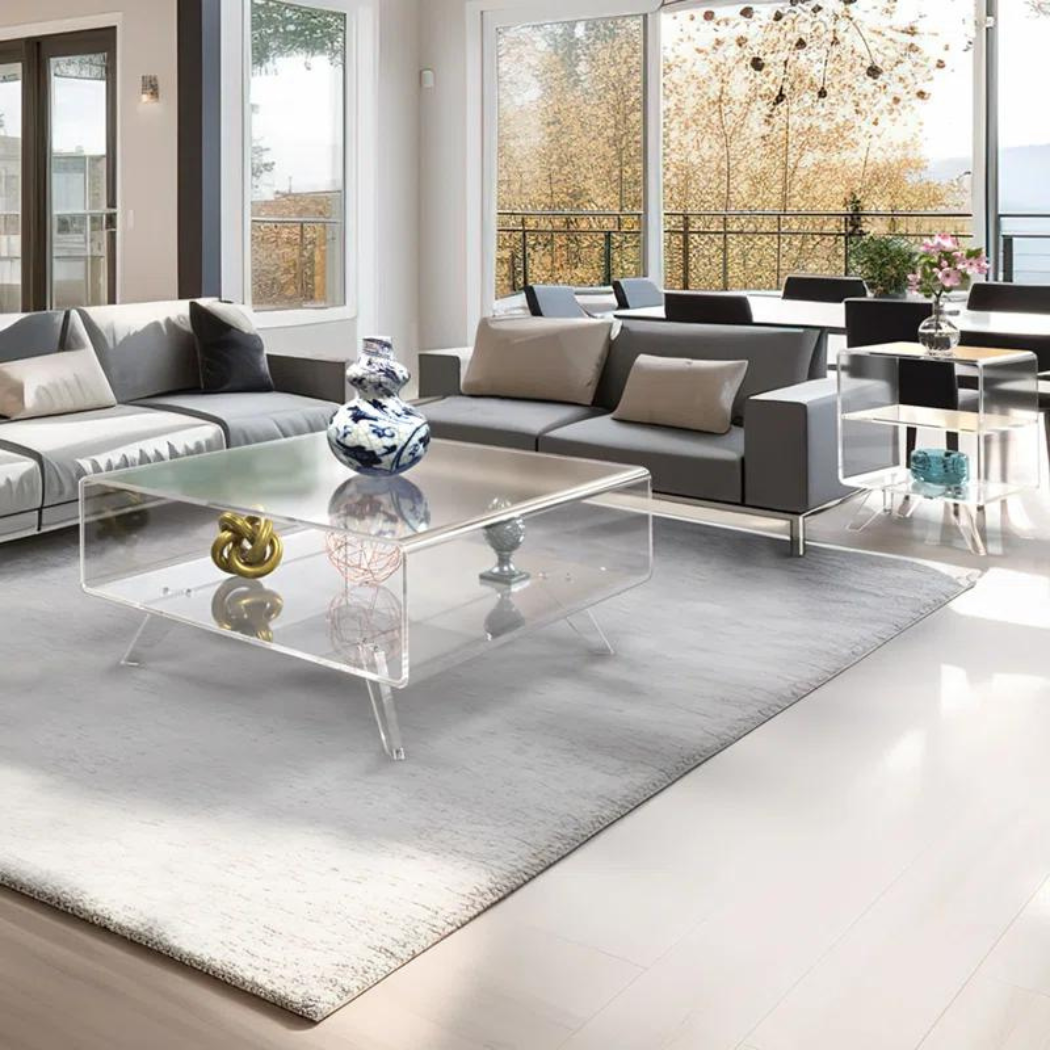 Modern clear acrylic table in living room