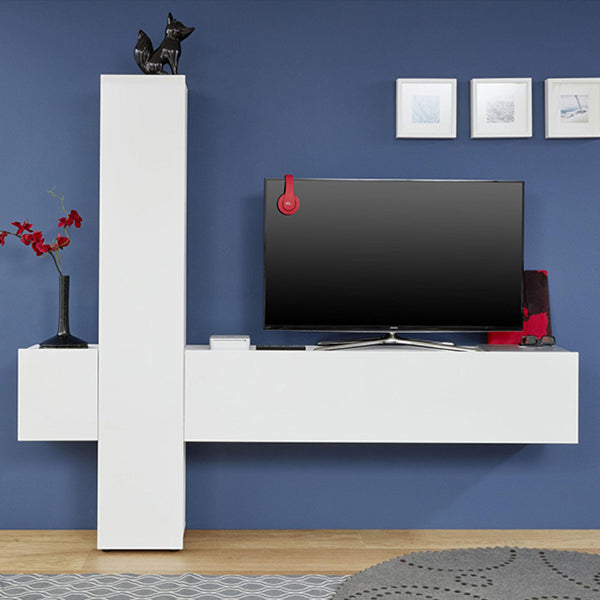 A white matte Sake Wall Mount TV Unit with one TV stand and two openable shelves, placed against a blue wall with decorative items on top.