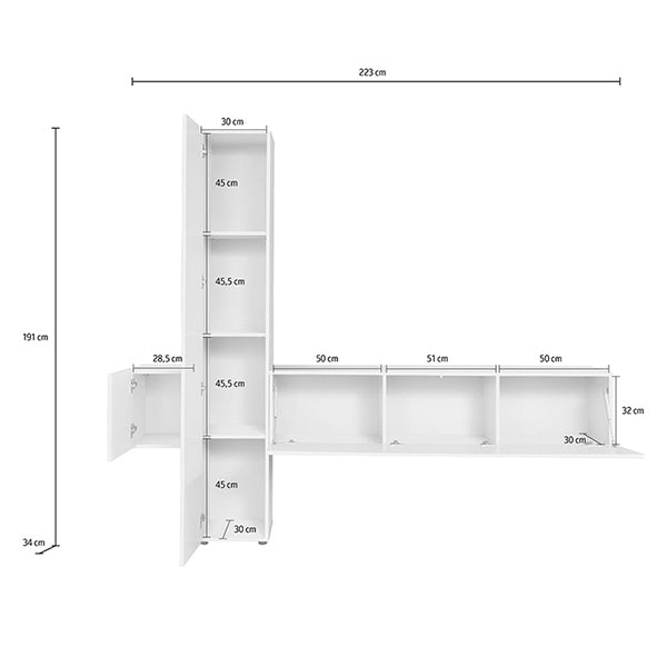 matte white wall-mount tv unit with dimension on a white tv stand