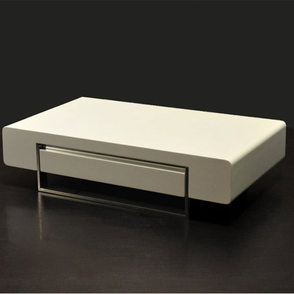 A white coffee table with a stainless steel frame in high gloss placed on a dark background.