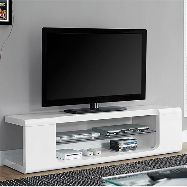 A contemporary white high gloss PU paint TV shelf with two lower shelves and a large shelf on the top, placed in a living area next to a flat-screen TV.
