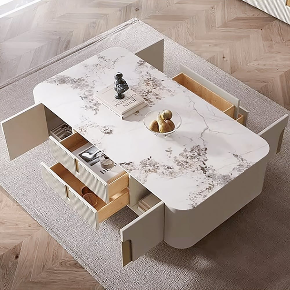 Vista beige coffee table with open storage drawer, showing spacious compartment for books, magazines, and living room essentials.