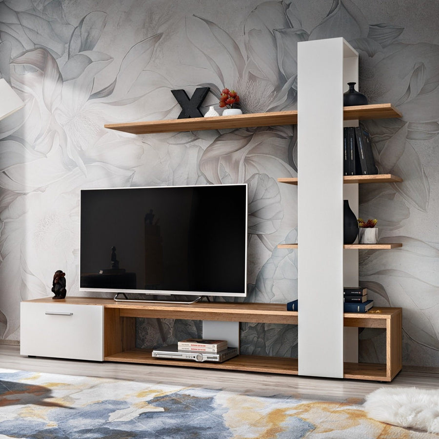 A modern Shuizo TV unit set in beech and white colors, featuring a cabinet with a handle and three open display shelves, is placed against a wall with floral wallpaper.