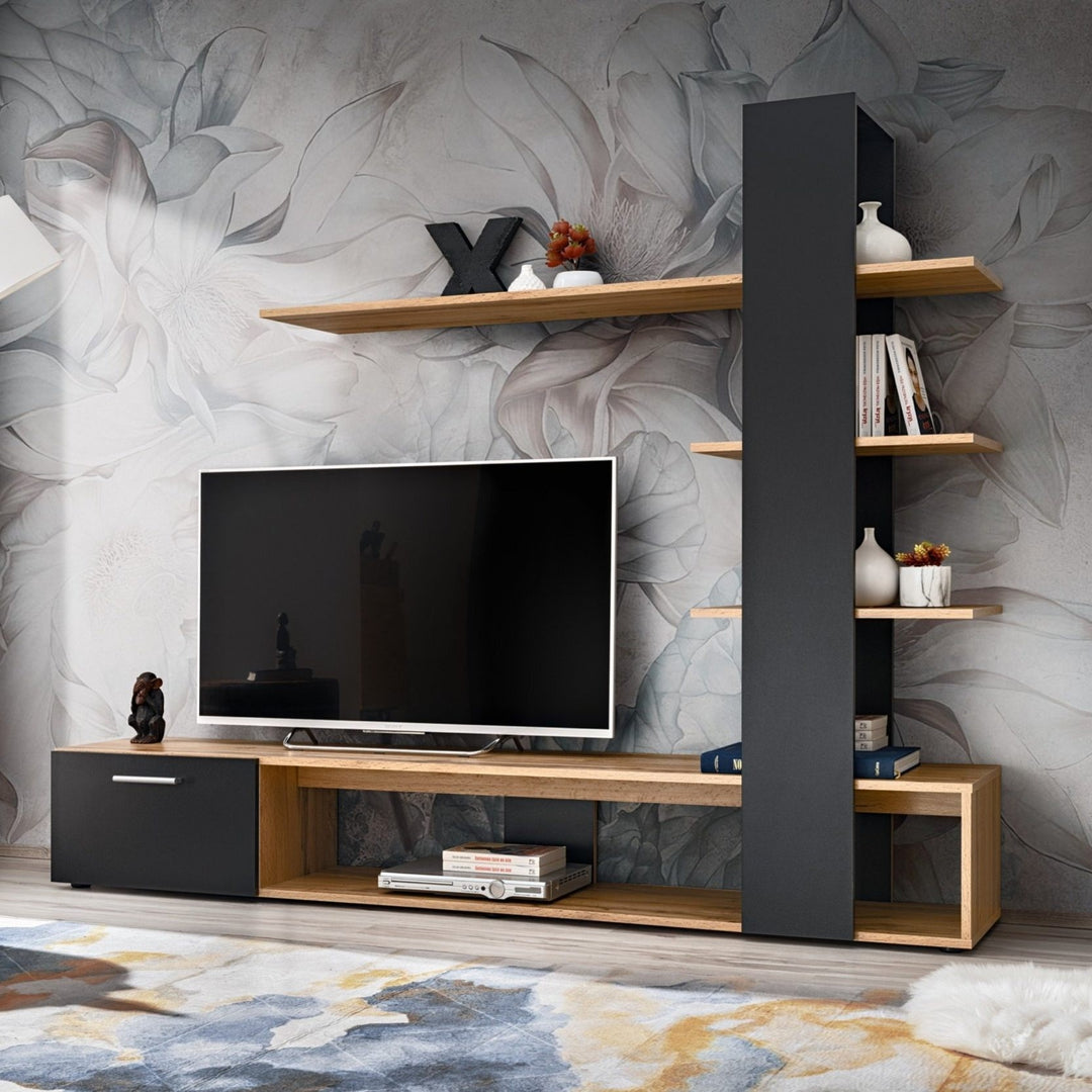 Modern TV unit set with one shuttered cabinet and three open display shelves, featuring a sleek design in beech and black finish.