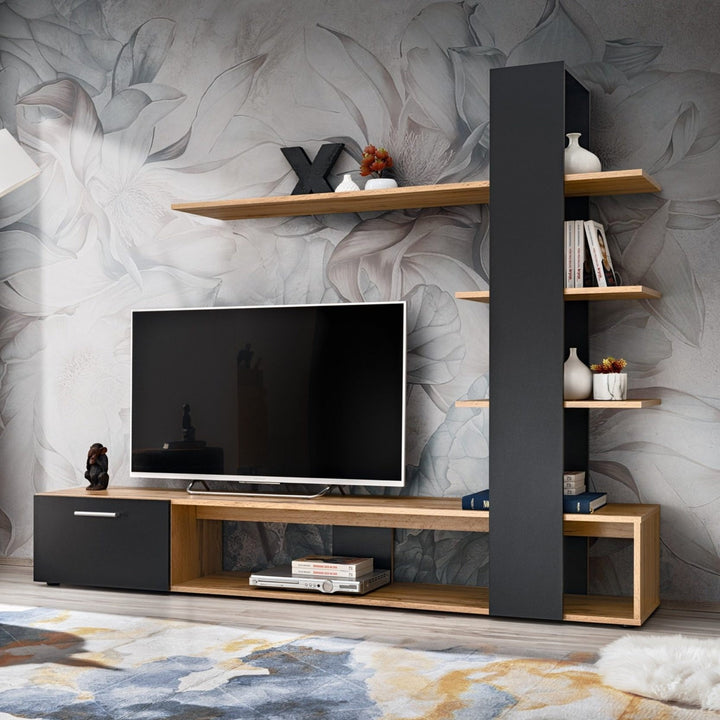 Modern TV unit set with one shuttered cabinet and three open display shelves, featuring a sleek design in beech and black finish.