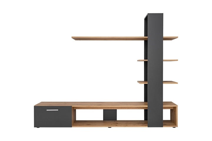 Stylish L-shaped tv unit set with one openable shutter and three open shelves in beech and black colour