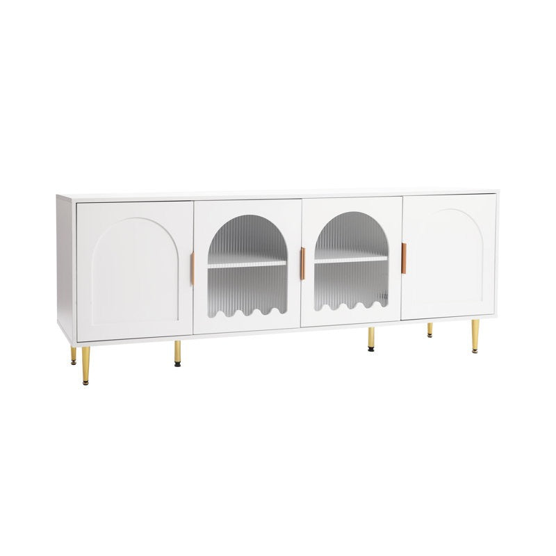 white tv stand with golden handles and sturdy golden legs,