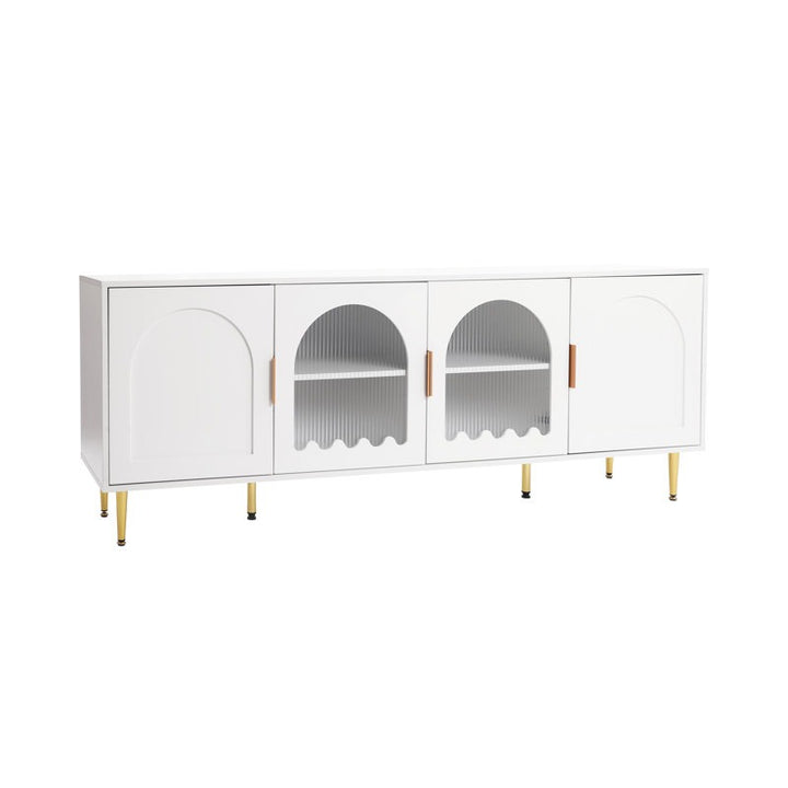 white tv stand with golden handles and sturdy golden legs,