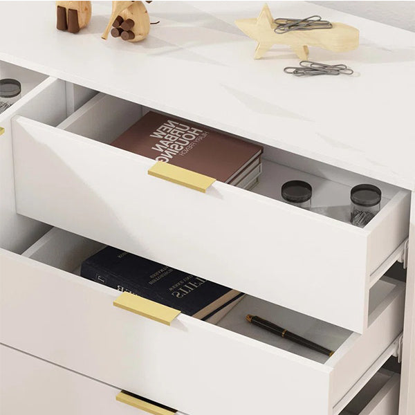 Detail of soft-close drawers on the Brians sideboard, featuring sleek handles and white laminate