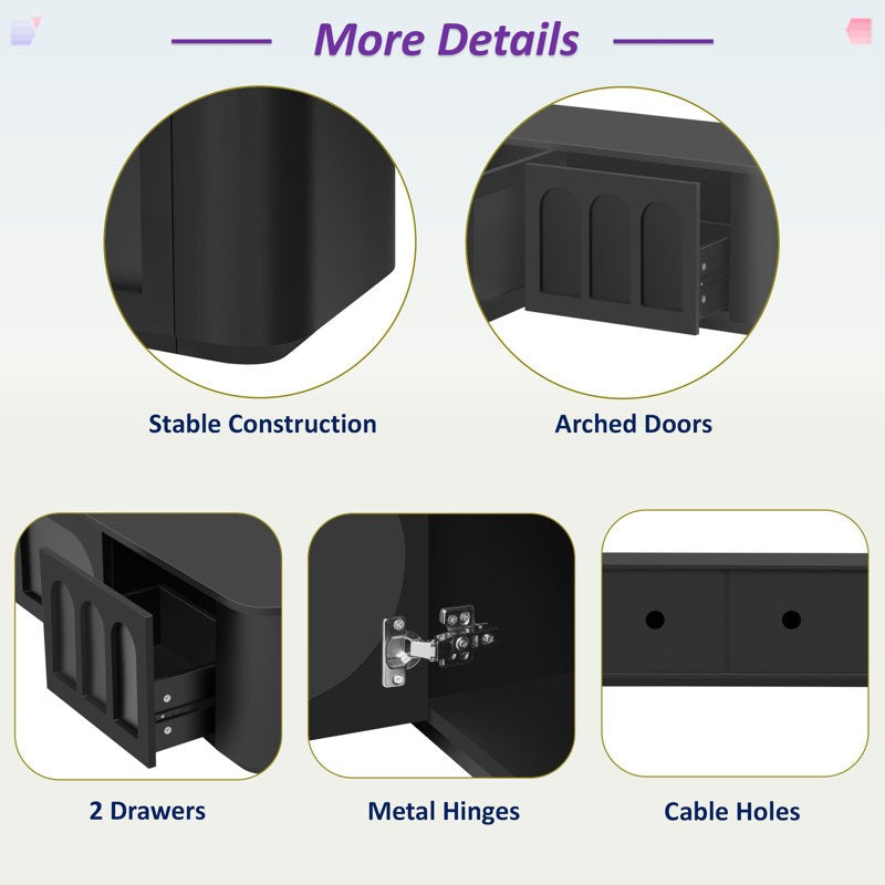 Black TV unit with stable construction, arched doors, 2 drawers and metal hinges