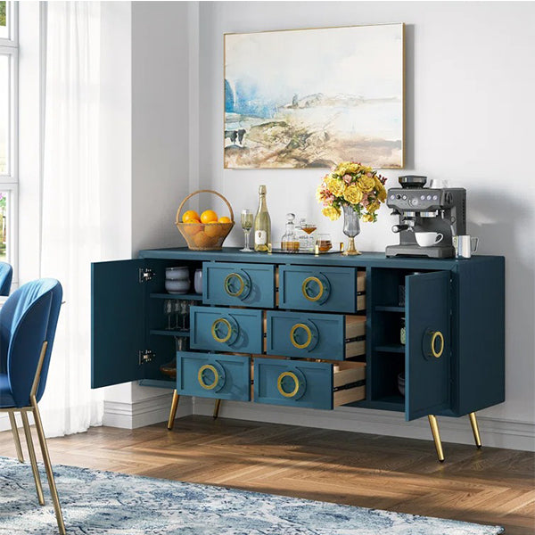 Blueberry sideboard in navy blue opened to reveal spacious interior with adjustable shelves and soft-close hardware.