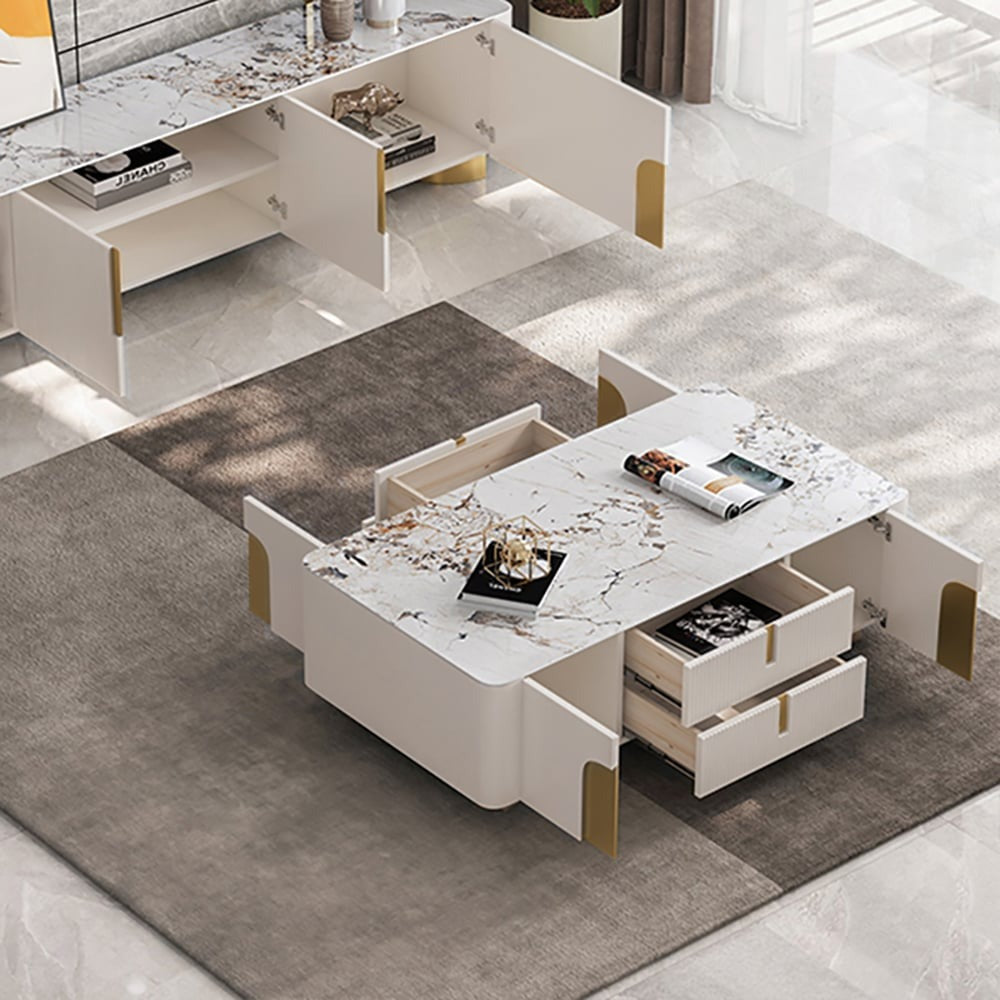 Modern beige coffee table featuring smooth pull-out drawer design with gold handles and hidden storage space.