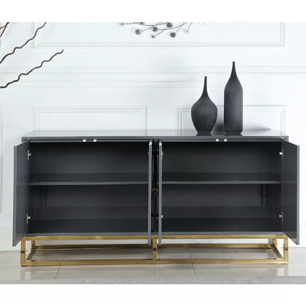 Modern grey PU-finish sideboard with open shutters to show internal space for storage