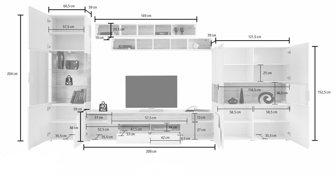 tv unit set with dimension on white background
