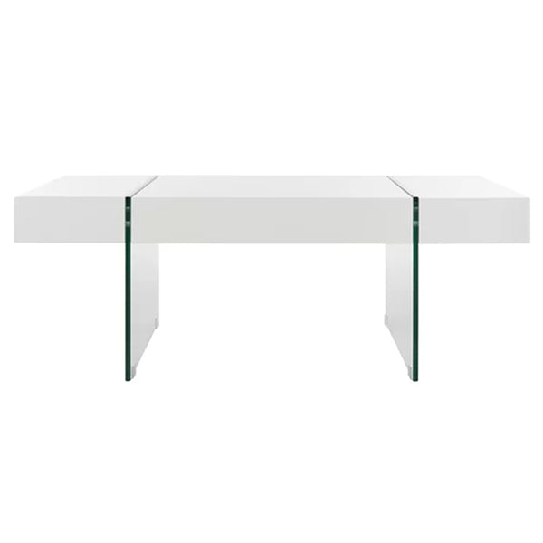 Modern white center table with glass legs on a white background