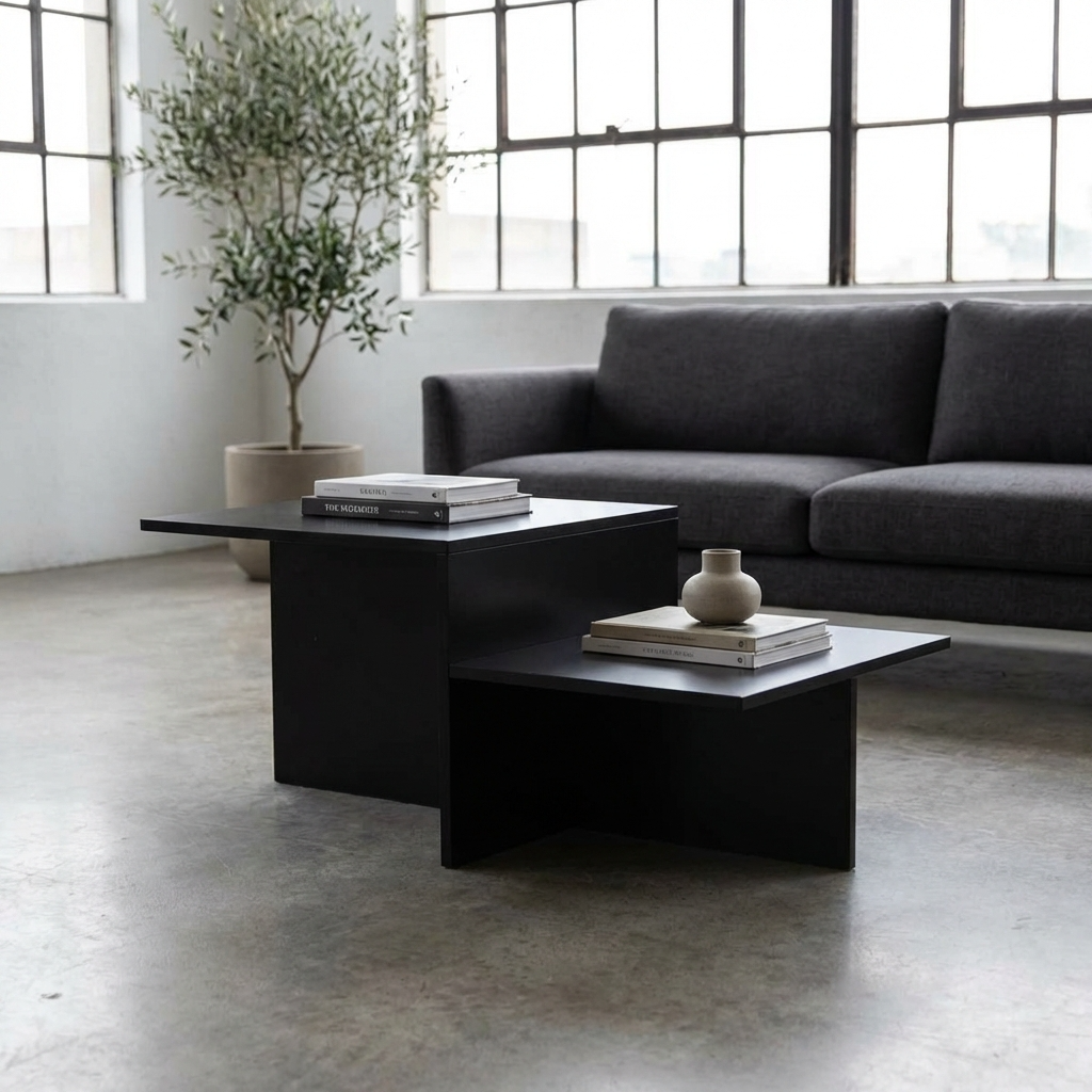 Modern living room with a dark gray sectional sofa and a black modern coffee table.