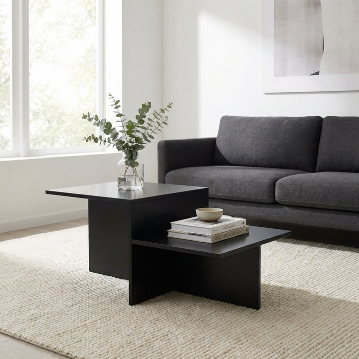 Modern living room with a stylish black coffee table perfect for a small space and a grey sofa.