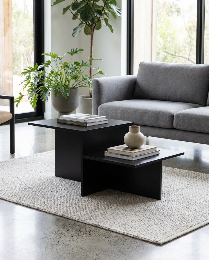 Small living room with a sleek matte black coffee table, gray sofa, and potted plants.
