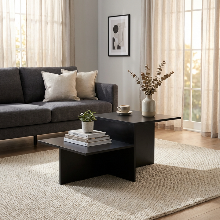 Modern living room with a grey sofa, black 2-tier coffee table, and decorative elements.
