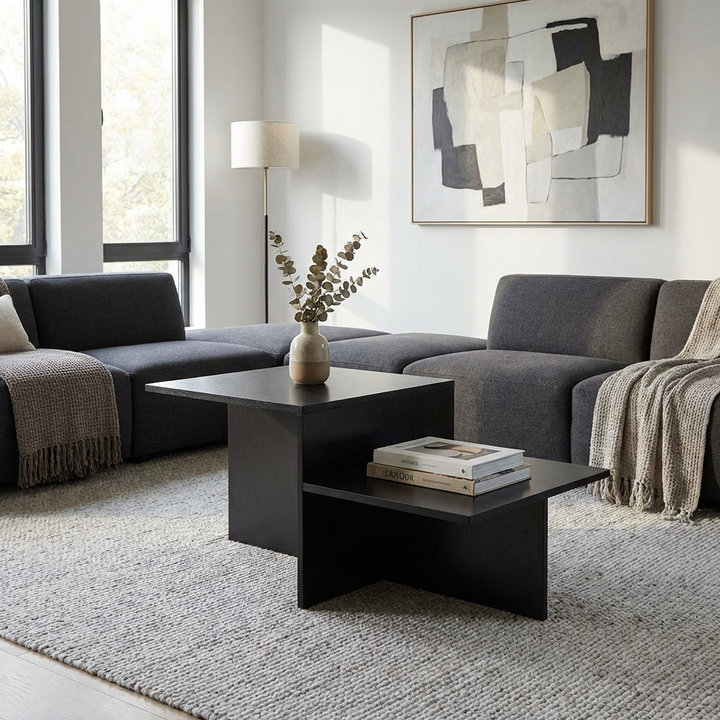 Compact living room with a grey sectional sofa, matte black coffee table, and abstract art on the wall.