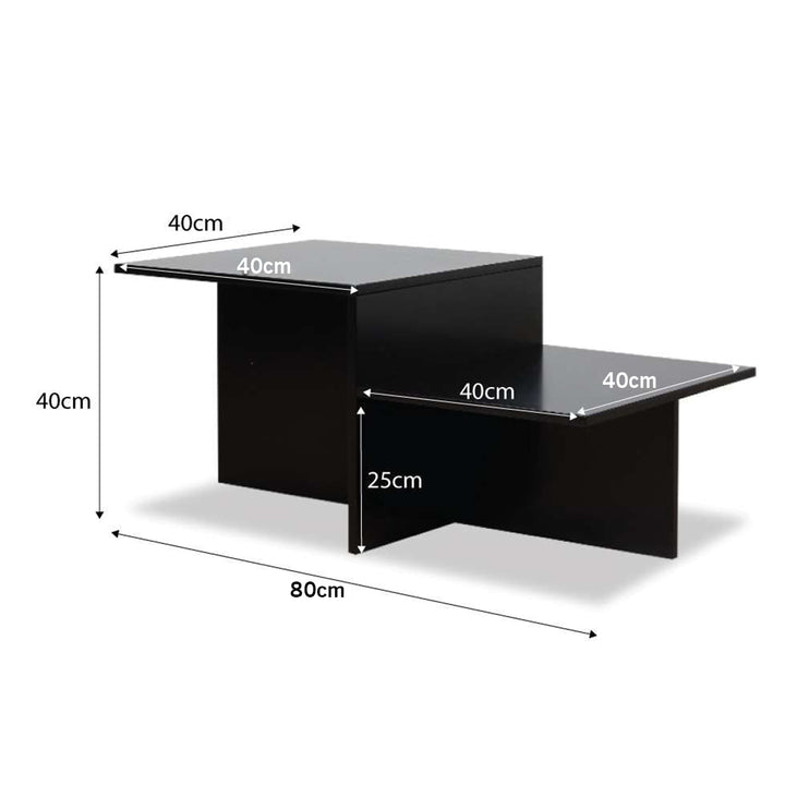 Black center table step with dimensions labeled on a white background