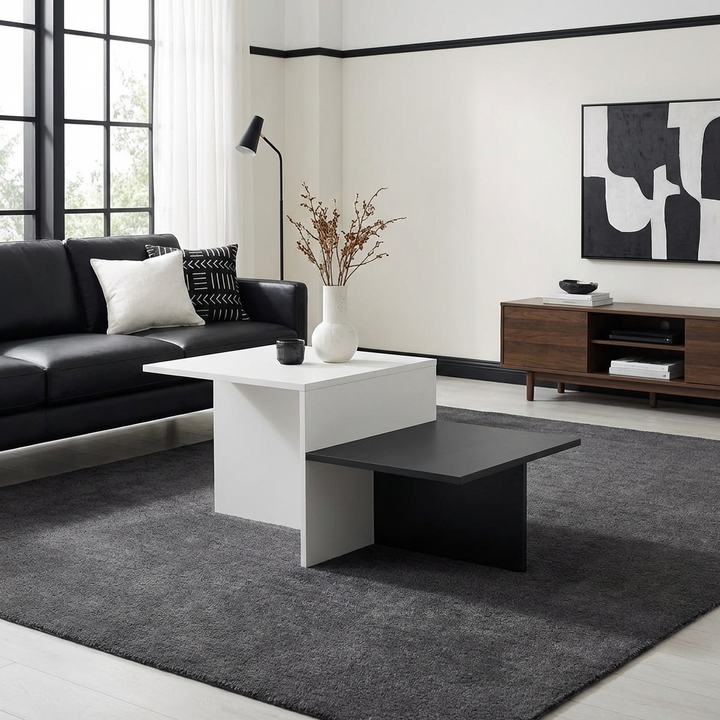 Modern living room with a black and white coffee table, a black sofa, and abstract art on the wall.