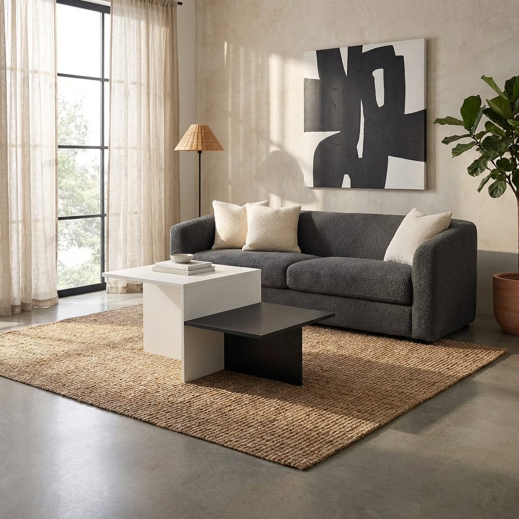 Modern living room with a grey sofa, abstract painting, and stylish black & white coffee table in a matte finish.