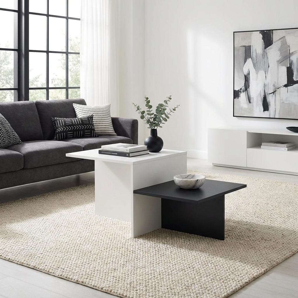 Modern living room with a grey sofa and white & black coffee tables with 2-tier storage