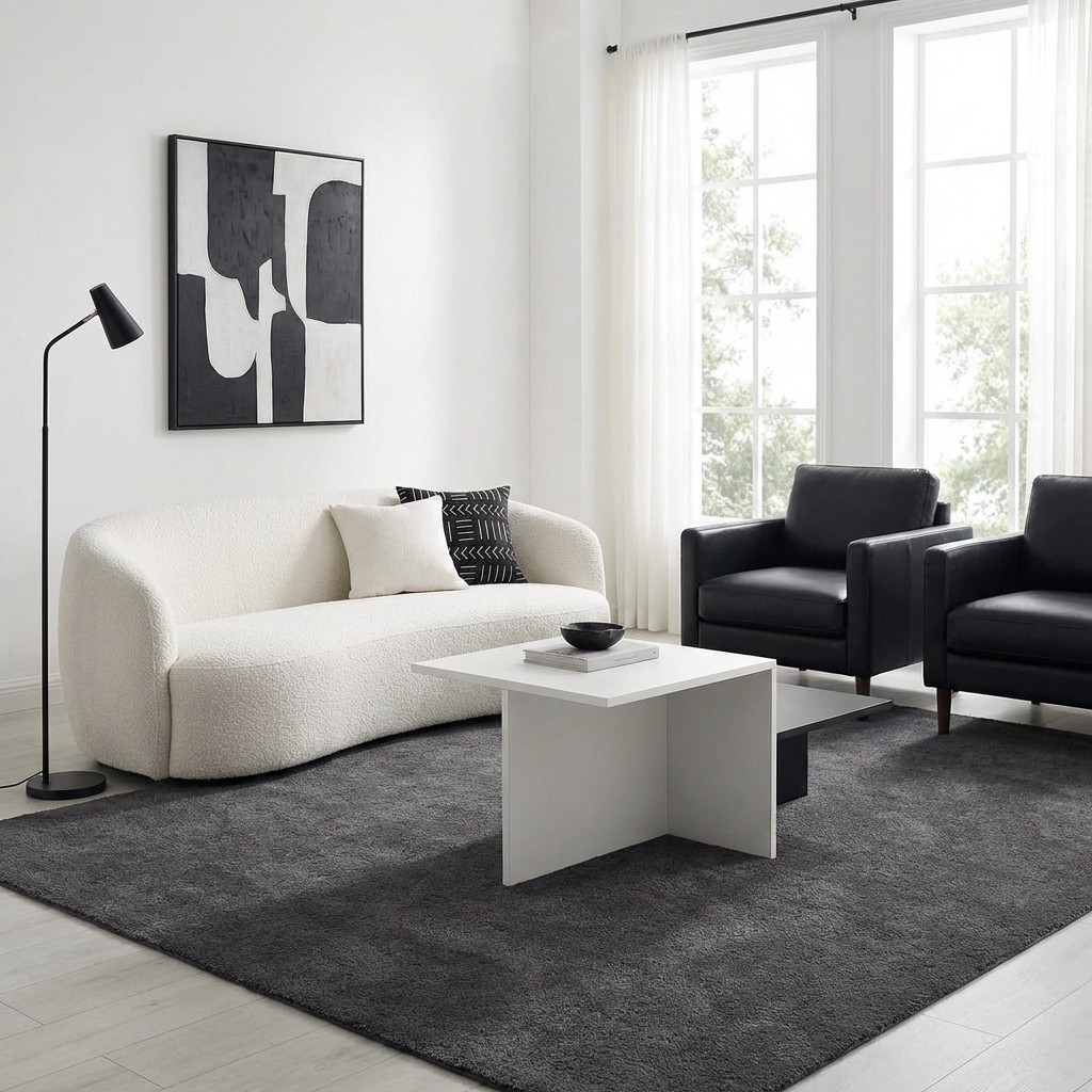 Modern living room with a white sofa, black chairs, and modern center table in black & white for small living room