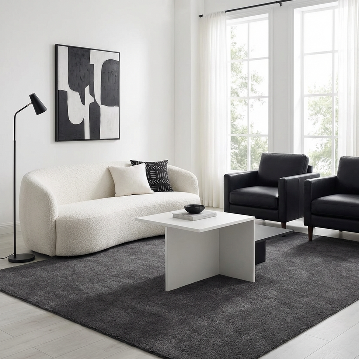 Modern living room with a white sofa, black chairs, and modern center table in black & white for small living room