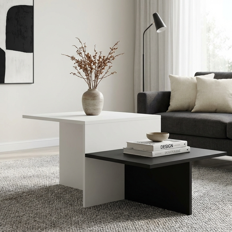 Modern living room with a black and white center table with 2-tier storage, a grey sofa, and an abstract painting.