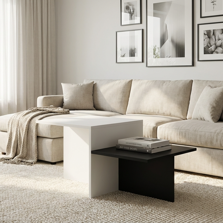 Modern living room with a beige sectional sofa, white & black coffee table, and framed artwork on the wall.
