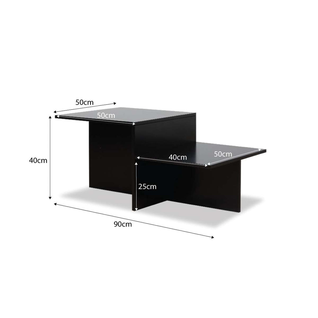 Black matte finish coffee table with dimensions labeled on a white background