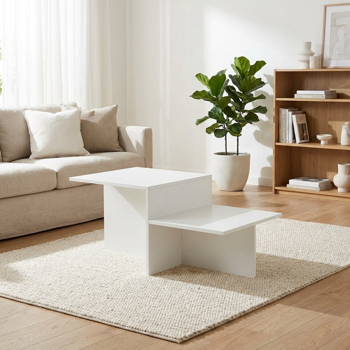 Modern living room with a small white coffee table, a beige sofa, and a plant.