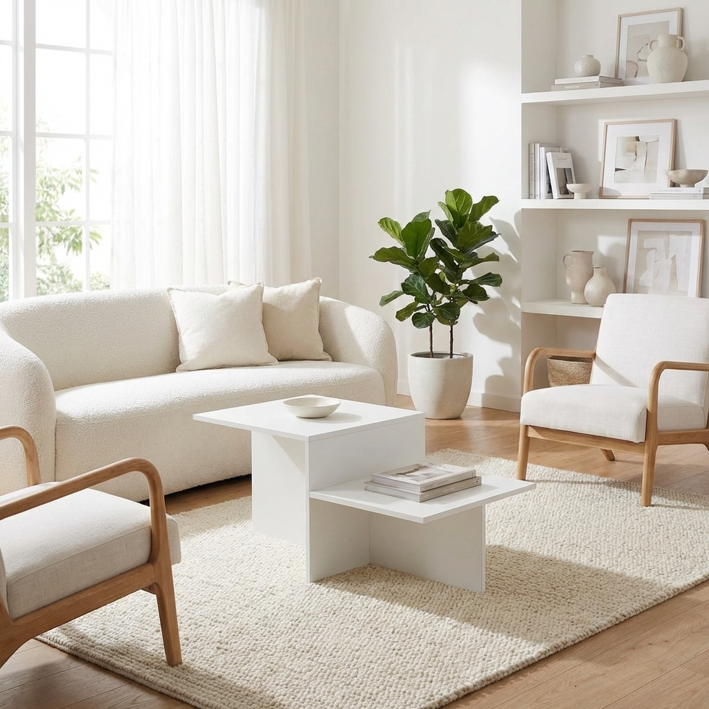 Modern living room with white sofa, armchair, and white coffee table with 2-tier storage