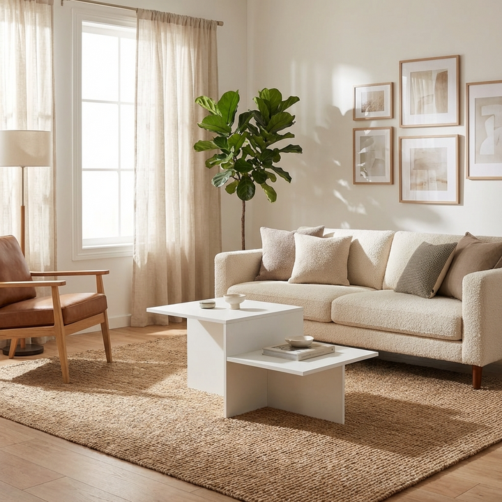 Living room with beige sofa, armchair, modern white coffee table crafted from high-quality mdf board
