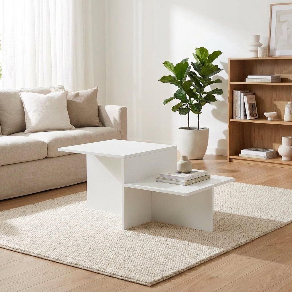 Modern living room with a stylish white coffee table with 2-tier storage, beige sofa, and bookshelf.