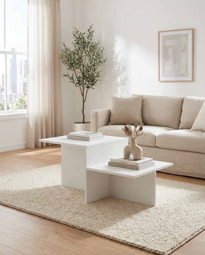 Modern living room with a beige sofa, stylish coffee table in a matte white finish, and decorative elements.