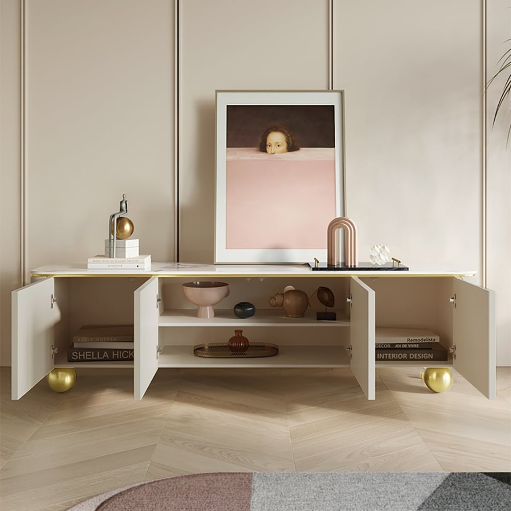 The premium white tv stand features arch design with open doors to show inner space