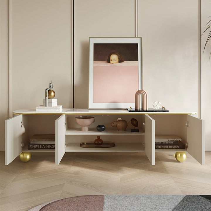 The premium white tv stand features arch design with open doors to show inner space